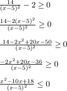 \frac{14}{(x-5)^2} -2 \geq 0 \\ \\ \frac{14-2(x-5)^2}{(x-5)^2 } \geq 0 \\ \\ \frac{ \ 14-2x^2+20x-50}{(x-5)^2} \geq 0 \\ \\ \frac{-2x^2+20x-36}{(x-5)^2} \geq 0 \\ \\ \frac{x^2-10x+18}{(x-5)^2} \leq 0 \\ \\