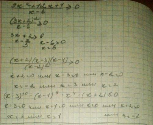 9x^2+12x+4/x-6 больше или равно 0 (x+2)(x-3)(x-4)/(x-2)^2 больше 0 (x-3)^10(x-1)^9x^4(x+2) меньше ил