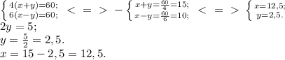 \left \{ {{4(x+y)=60;} \atop {6(x-y)=60;}} \right. \ \textless \ =\ \textgreater \ -\left \{ {{x+y= \frac{60}{4}=15; } \atop {x-y= \frac{60}{6}=10; }} \right. \ \textless \ =\ \textgreater \ \left \{ {{x=12,5;} \atop {y=2,5.}} \right. \\ 2y=5; \\ y= \frac{5}{2}=2,5. \\ x=15-2,5=12,5.