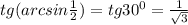 tg(arcsin \frac{1}{2} )=tg 30^{0} = \frac{1}{ \sqrt{3} }