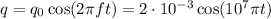 q = q_0\cos(2\pi ft) = 2\cdot10^{-3}\cos(10^{7}\pi t)