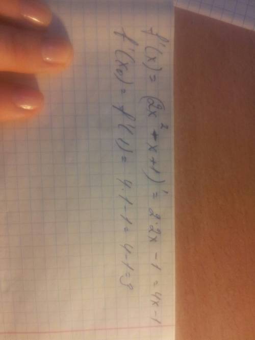 Вычислите производную функции f(x)= 2x^2-x+1 в точке x=1