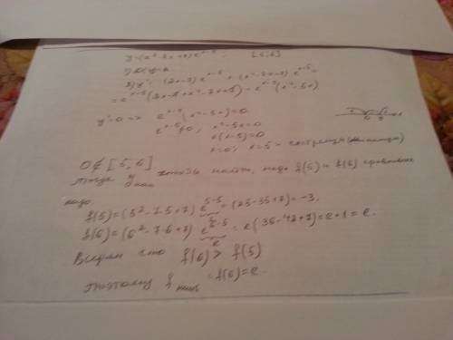 Найдите наименьшее значение функции y=(x^2-7x+7)*e^x-5 на отрезке [5: 6]