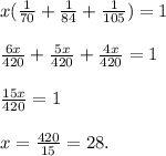 x( \frac{1}{70} + \frac{1}{84}+ \frac{1}{105} )=1 \\ \\ &#10; \frac{6x}{420} + \frac{5x}{420} + \frac{4x}{420} =1 \\ \\ &#10; \frac{15x}{420} =1 \\ \\ &#10;x= \frac{420}{15} = 28.&#10;