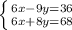 \left \{ {{6x-9y=36} \atop {6x+8y=68}} \right.