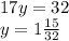 17y=32&#10;\\y=1 \frac{15}{32}