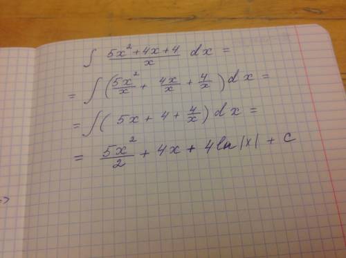 Дана функция f(x)=(5x^2+4x+4)/х найдите первообразную функции.