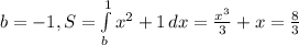 b=-1,S=\int\limits^1_b {x^2+1} \, dx= \frac{x^3}{3}+x= \frac{8}{3}