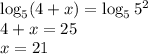 \log_5(4+x)=\log_55^2\\ 4+x=25\\ x=21