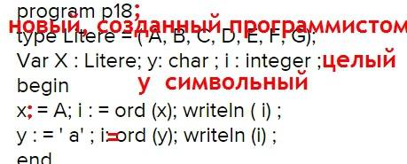 Назовите тип каждой переменной описанной в программе p18 program p18 type litere = ( a, b, c, d, e,