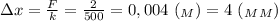 зx= \frac{F}{k}= \frac{2}{500} = 0,004 \ (_M) =4 \ (_M_M)