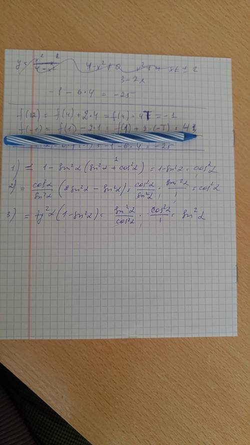 Выражение: 1) 1-sin⁴α-sin²α · cos²α 2)ctg²α (2sin²α+cos²α-1) 3)tg²α- sin²α · tg²α