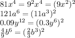 81x^4=9^2x^4=(9x^2)^2 \\ 121a^6=(11a^3)^2 \\ 0.09y^{12}=(0.3y^6)^2 \\ \frac{4}{9}b^6=( \frac{2}{3}b^3)^2