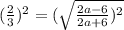 (\frac{2}{3})^2 =(\sqrt{\frac{2a-6}{2a+6})^2