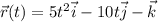 \vec{r}(t) = 5t^2\vec{i} - 10t\vec{j}-\vec{k}