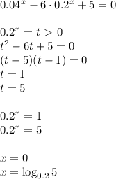 0.04^x-6\cdot0.2^x+5=0\\\\&#10;0.2^x=t\ \textgreater \ 0\\&#10;t^2-6t+5=0\\&#10;(t-5)(t-1)=0\\&#10;t=1\\&#10;t=5\\\\&#10;0.2^x=1\\&#10;0.2^x=5\\\\&#10;x=0\\&#10;x=\log_{0.2}5