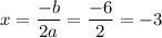 \displaystyle x= \frac{-b}{2a} = \frac{-6}{2} =-3