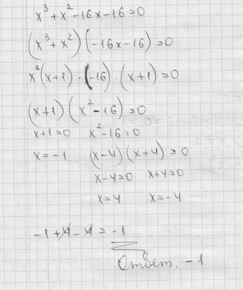 Найдите сумму корней уравнения х^3+х^2-16х-16=0 варианты ответов 1)1 2)-1 3)-4 4)4