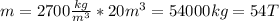 m=2700 \frac{kg}{m^3}*20m^3= 54000kg=54T