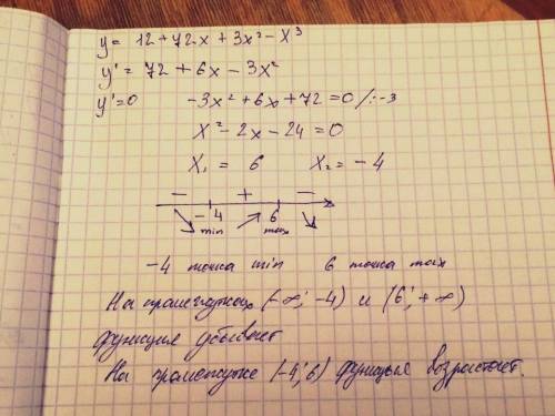 Монотонность и экстремумы функции f(x)=12+72x+3x^2-x^3