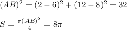 (AB)^2 = (2-6)^2+(12-8)^2 = 32\\\\&#10;S = \frac{\pi (AB)^2}{4} = 8\pi