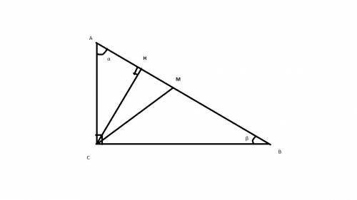 Докажите,что в прямоугольном треугольнике медиана и высота,проведенные к гипотенузе,образуют угол,ра
