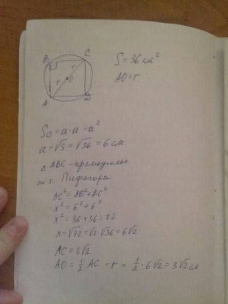 Площа квадрата дорівнює 36 см квадратних.знайдіть радіус кола,описаного навколо даного квадрата.будь