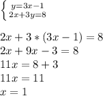 \left \{ {{y=3x-1} \atop {2x+3y=8}} \right. \\ \\ 2x+3*(3x-1)=8 \\ 2x+9x-3=8 \\ 11x=8+3 \\ 11x=11 \\ x=1