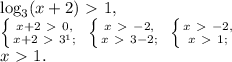 \log_3(x+2)\ \textgreater \ 1, \\ \left \{ {{x+2\ \textgreater \ 0,} \atop {x+2\ \textgreater \ 3^1;}} \right. \ \left \{ {{x\ \textgreater \ -2,} \atop {x\ \textgreater \ 3-2;}} \right. \ \left \{ {{x\ \textgreater \ -2,} \atop {x\ \textgreater \ 1;}} \right. \\ x\ \textgreater \ 1.