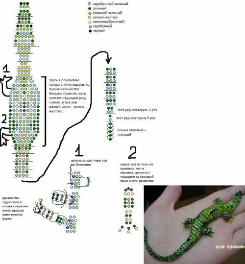Последовательность плетения из бисера по схеме юркая ящерка
