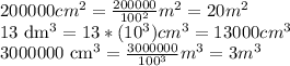 200000 cm^{2} = \frac{200000}{ 100^{2} } m^{2} = 20 m^{2}&#10;&#10;13 dm^{3} = 13*( 10^{3}) cm^{3} = 13000 cm^{3}&#10;&#10;3000000 cm^{3} = \frac{3000000}{100^{3}} m^{3} = 3 m^{3}