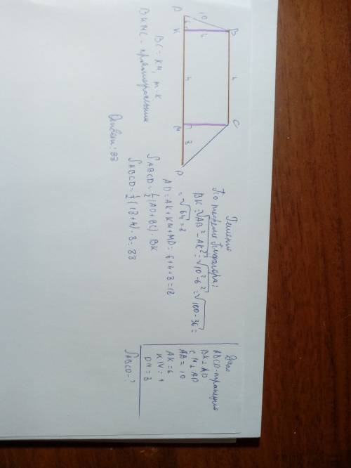 Решить. тема: площадь. теорема пифагора. в трапеции abcd (ad - большее основание) проведены высоты b
