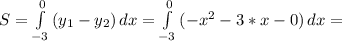 S=\int\limits^0_{-3} {(y_{1}-y_{2})} \, dx =\int\limits^0_{-3} {(-x^{2}-3*x -0)} \, dx =