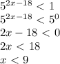 5^{2x-18}\ \textless \ 1\\5^{2x-18}\ \textless \ 5^0\\2x-18\ \textless \ 0\\2x\ \textless \ 18\\x\ \textless \ 9