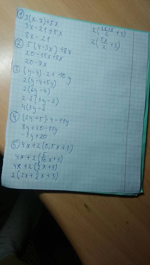 Решите все по порядку. заранее . 7 класса 1) 3(x-7)+5x 2) 5(4-3x)+8x 3) (y-4)•2+10y 4) (2y+5)•4-11y