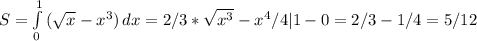 S= \int\limits^1_0 {( \sqrt{x} -x^3)} \, dx =2/3* \sqrt{x^3} -x^4/4|1-0=2/3-1/4=5/12