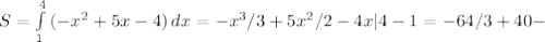 S= \int\limits^4_1 {(-x^2+5x-4)} \, dx =-x^3/3+5x^2/2-4x|4-1=-64/3+40-