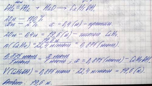 Сколько литров предельного одноатомного спирта получится из 20 литров этилена , содержащего 2% приме