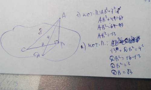 Дано: ab перпендикулярно плоскости альфа. наклонная ac=8. её проекция=7. наклонная ad=4. найти проек