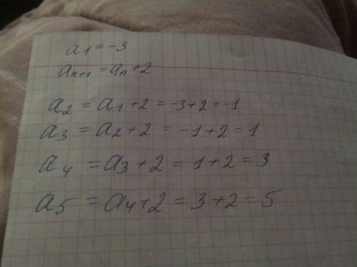 Нужен ответ, .найти пять первых членов последовательности (аn), если а1 = - 3, аn+1 = аn + 2