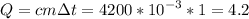 \displaystyle Q=cm\Delta t=4200*10^{-3}*1=4.2