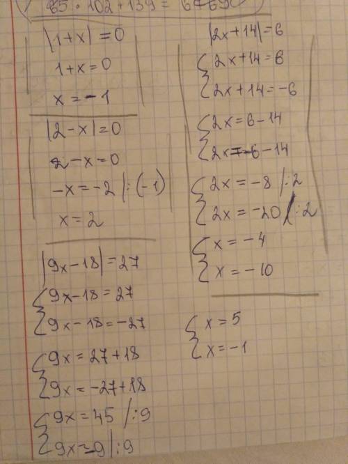 |1+x|=0 |2-x|=0 |2x+14|=6 |9x-18|=27