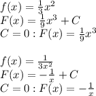 f(x) = \frac{1}{3} x^2\\&#10;F(x) = \frac{1}{9} x^3 + C\\&#10;C=0: F(x) = \frac{1}{9} x^3\\&#10;\\&#10;f(x) = \frac{1}{3x^2} \\&#10;F(x) = -\frac{1}{x} +C\\&#10;C=0:F(x) = -\frac{1}{x}