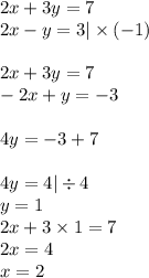 2x + 3y = 7 \\ 2x - y = 3 | \times ( - 1) \\ \\ 2x + 3y = 7 \\ - 2x + y = - 3 \\ \\ 4y = - 3 + 7 \\ \\ 4y = 4 | \div 4 \\ y = 1 \\ 2x + 3 \times 1 = 7 \\ 2x = 4 \\ x = 2