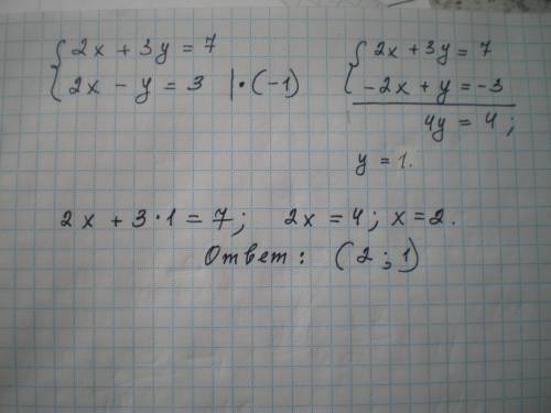 Решите систему уравнений 2x+3y=7 2x-y=3