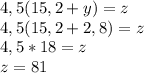 4,5(15,2+y)=z \\ 4,5(15,2+2,8)=z \\ 4,5*18=z \\ z=81