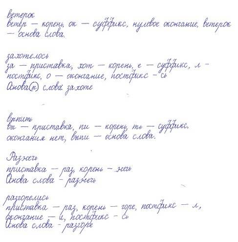 Разберите слова по составу: ветерок,захотелось,выпить,разжечь,разгорелись. скажите как,примерно осно