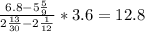 \frac{6.8-5 \frac{5}{9} }{2 \frac{13}{30}-2 \frac{1}{12} } *3.6=12.8