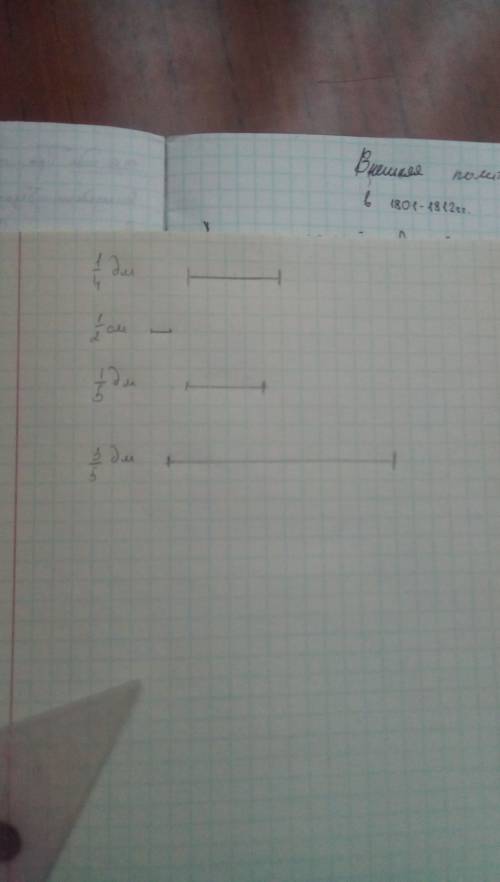 Начерти отрезок длина которого равна 1/4дм 1/2см 1/5дм 3/5дм начертите