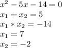 x^2-5x-14=0 \\ x_{1}+ x_{2}=5 \\ x_{1}* x_{2}=-14 \\ x_{1}=7 \\ x_{2}=-2